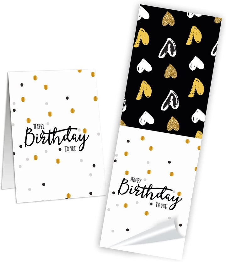 Lange Geschenkaufkleber HAPPY BIRTHDAY - 5 x 14,8 cm - schwarz gold weiß mit Herzen 50 Stück