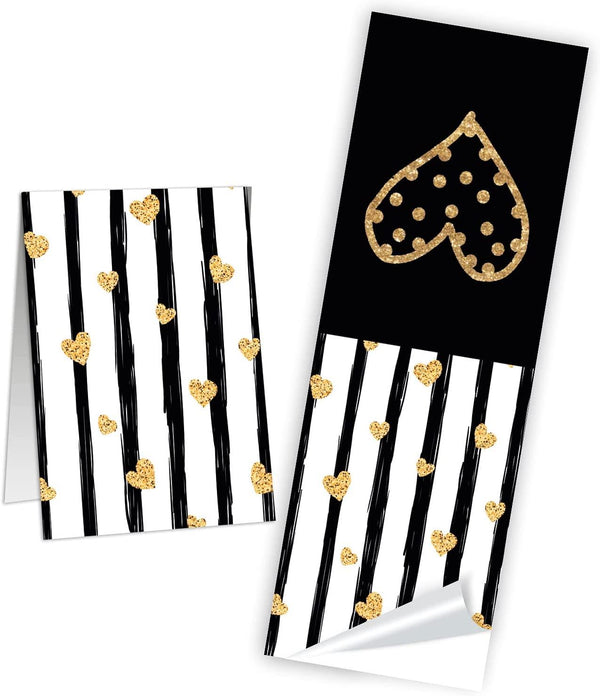 Geschenkaufkleber in schwarz weiß gold mit Herzen - 5 x 14,8 cm 50 Stück
