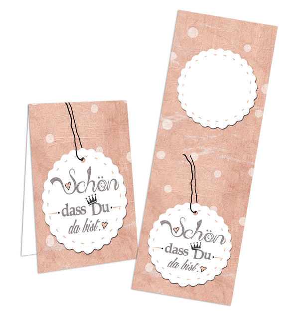 Aufkleber lang Schön dass du da bist 5 x 14,8 cm rosa weiß 50 Stück