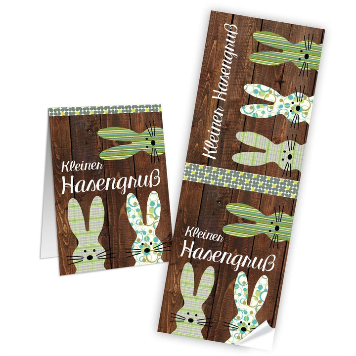 Geschenkaufkleber für Ostern in Holzoptik - 7,2 x 21 cm - braun grün mit Text Kleiner Hasengruß - Foto 1