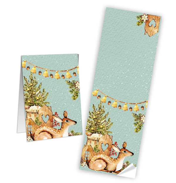 Weihnachtsaufkleber länglich türkis mit Reh - 7,2 x 21 cm - für Tüten & Pakete 10 Stück