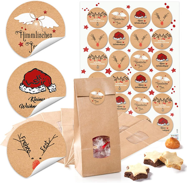 Runde Weihnachtliche Aufkleber mit 4 cm Durchmesser + braune Weihnachtstüten mit Fenster und Boden (7 x 4 x 20,5 cm)