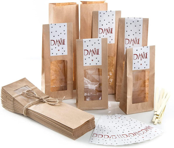 10 Geschenktüten mit Fenster & Folie + Papieranhänger zum Beschriften mit Krone