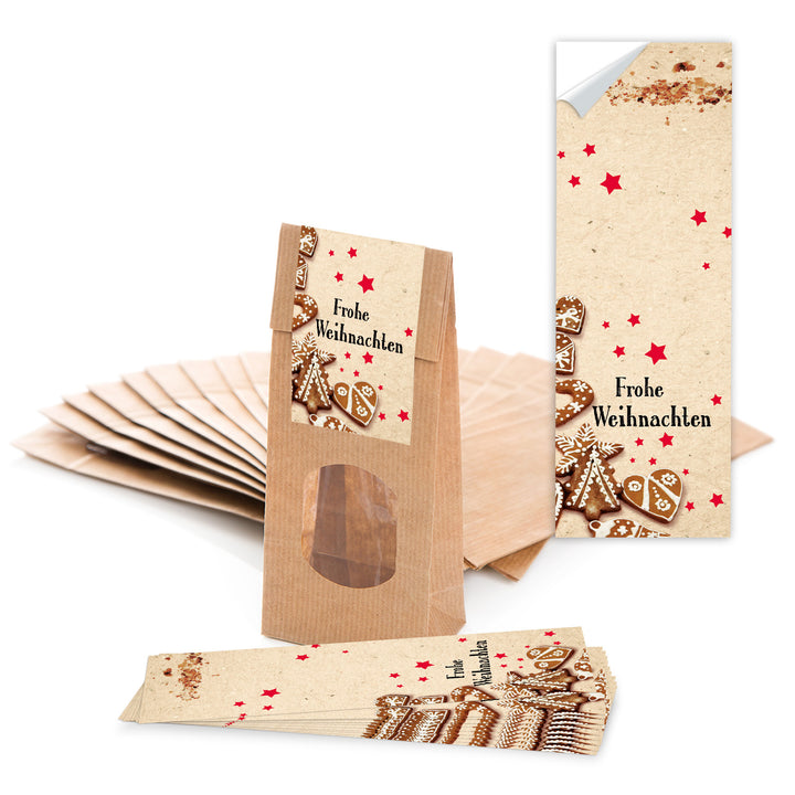 Braune Geschenktüten Weihnachten mit Fenster + Aufkleber 10 Stück