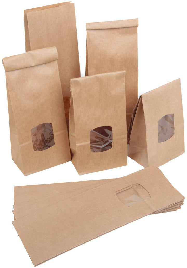 Blockbodenbeutel braun mit Fenster 10,5 x 6,5 x 29 cm für Lebensmittel & Gewürze 25 Stück