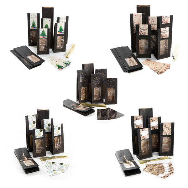 Geschenktüten 26,5 x 8,5 x 5 cm schwarz + Aufkleber Weihnachten + goldene Clipse 10 Stück Elegant - Frohe Weihnachten