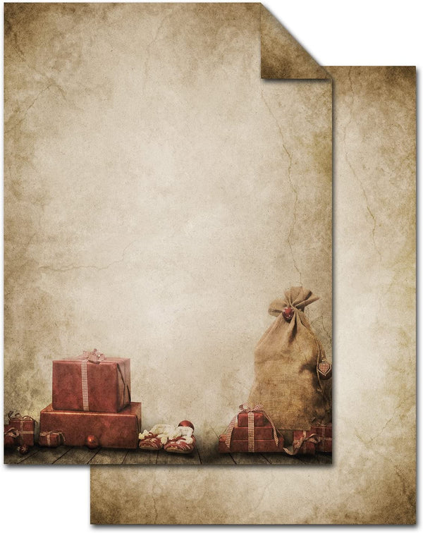 Weihnachtliches Briefpapier Vintage mit Weihnachtsgeschenk rot beige - DIN A4 Papier zum Bedrucken 100 Blatt