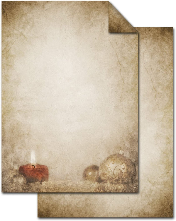 Briefpapier weihnachtlich mit Kerze & Kugel - Vintage Weihnachtspapier beige braun rot 100 Blatt