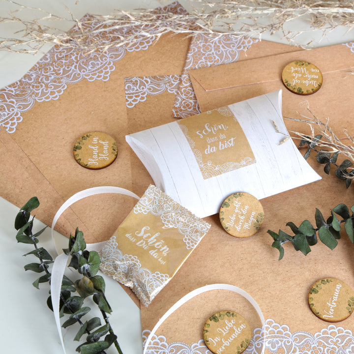 Briefpapier in Kraftpapier-Optik bedruckt mit Spitze braun weiß DIN A4 - Einladungspapier Hochzeit 100 Blatt