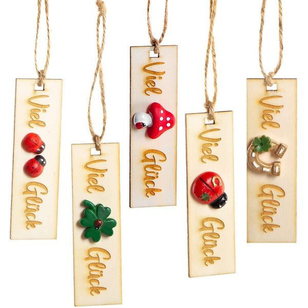 Kleine Anhänger aus Holz mit Text "Viel Glück - 10 cm mit Glückssymbolen - Foto 1