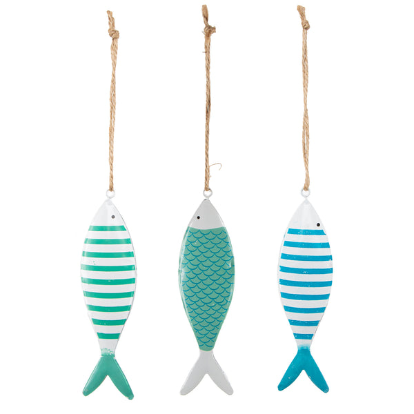 Maritime Fisch Anhänger aus Metall in 15 cm - blau türkis weiß - zum Aufhängen