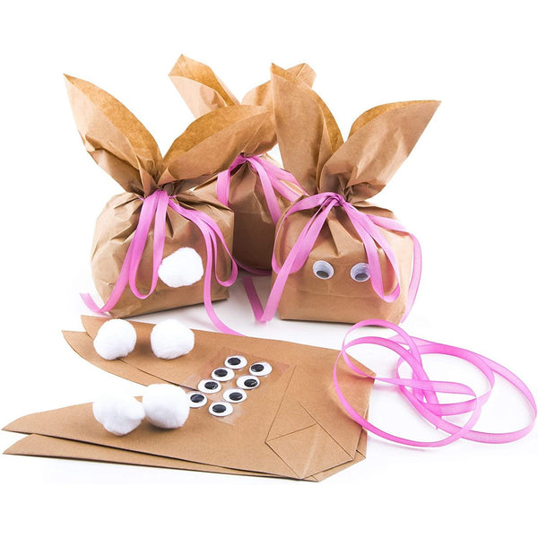 Osterhasentüten groß - braune Kraftpapiertüten in 19 x 29 x 7,5 cm, Kulleraugen, Puschel & rosa Schleife - Foto 1