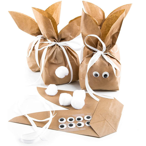 Osterhasentüten groß - Kraftpapierbeutel in 19 x 29 x 7,5 cm braun, Kulleraugen, weißer Puschel + Band - Foto 1