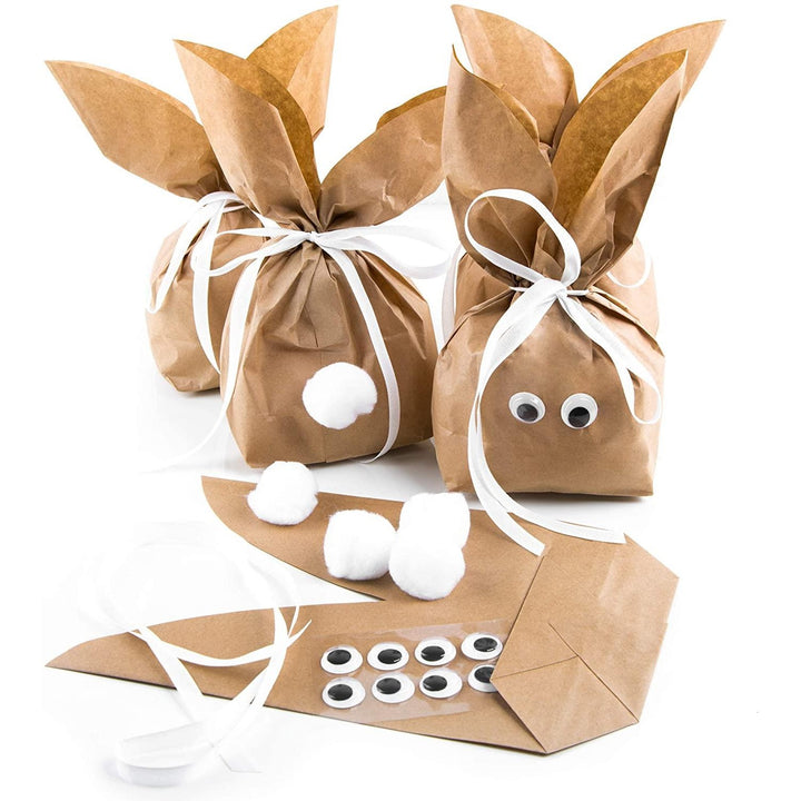 Osterhasentüten groß - Kraftpapierbeutel in 19 x 29 x 7,5 cm braun, Kulleraugen, weißer Puschel + Band - Foto 1