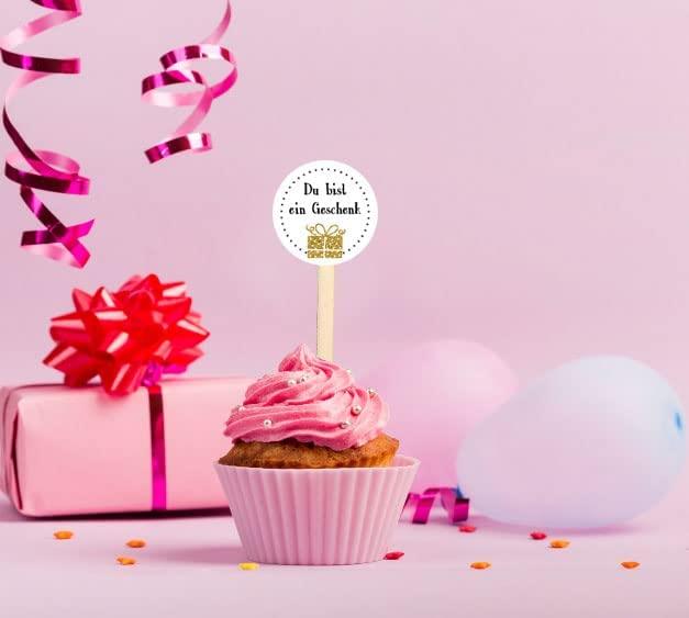 12 Caketopper mit Aufkleber "Schön dass du da bist" - 9 cm Ø 4 cm Bunt