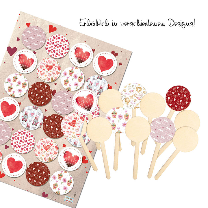 12 Caketopper mit verschiedenen Herz-Stickern - 9 cm - Blau weiß