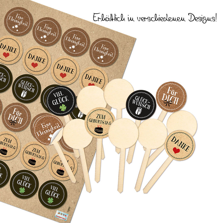 Kuchenstecker - 9 cm aus Holz + Aufkleber mit Sprüchen Danke