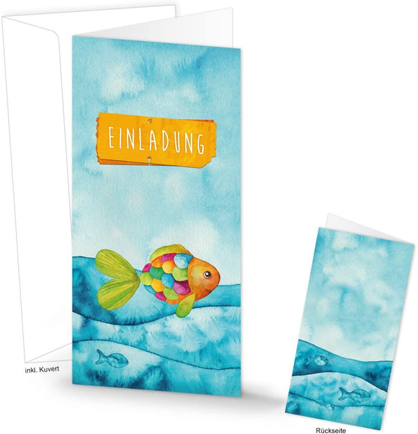 Bunte Einladungskarten türkis orange mit Regenbogenfisch - Karte EINLADUNG 10,5 x 21 cm mit Kuvert 25 Stück