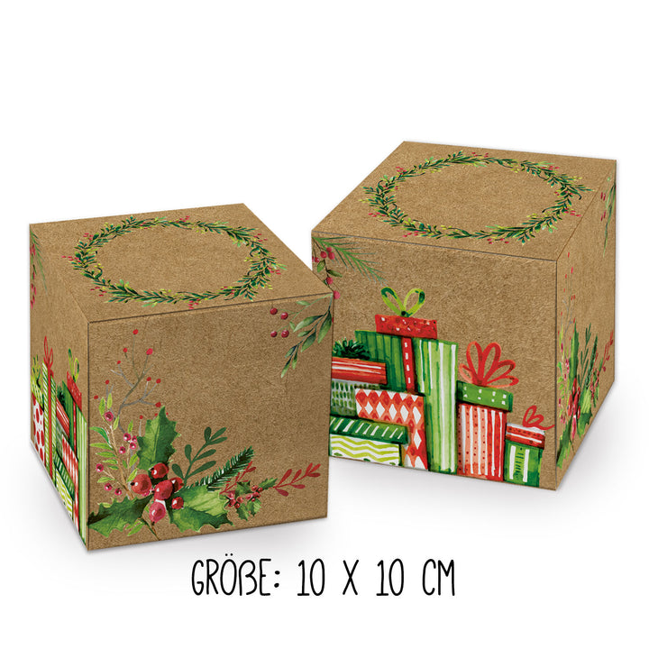 Kleine Geschenkschachtel in 8 x 8 cm für Weihnachten braun rot grün - für Kleinigkeiten 10 Stück
