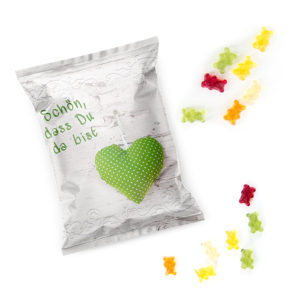 Gummibärchen Päckchen Schön, dass du da bist - grün weiß mit Herz - Süßigkeit Snack Give-Away 50 Stück