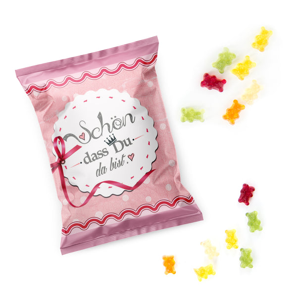 Fruchtgummi Tütchen Schön, dass du da bist rosa pink als Give-Away Tischdeko 50 Stück