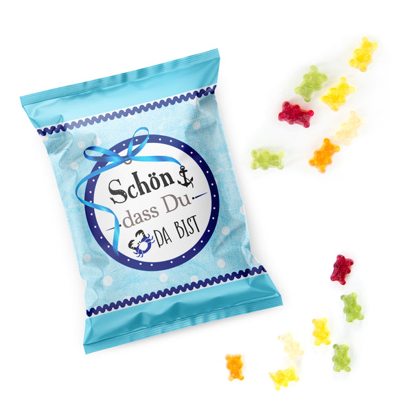 Fruchtgummitütchen als kleines Geschenk Schön, dass du da bist blau türkis - Tischdeko Kommunion Taufe 50 Stück