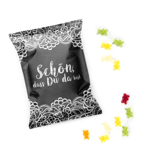 Kleine Päckchen Gummibärchen schwarz-weiß SCHÖN DASS DU DA BIST - Give-away Gastgeschenk  50 Stück