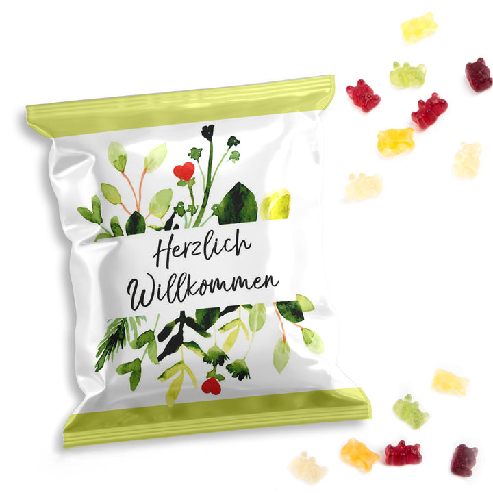 Florale Gummibärchen Tütchen "Herzlich Willkommen" - grün weiß 25 Stück