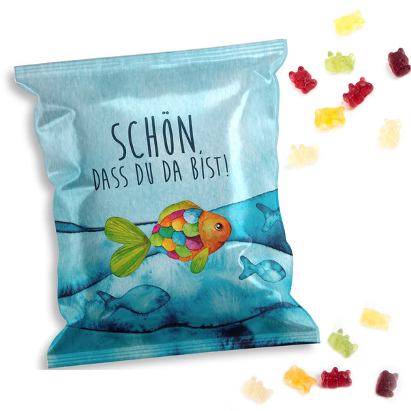 Fruchtgummi Tütchen Fisch "Schön, dass du da bist" bunt türkis 100 Stück