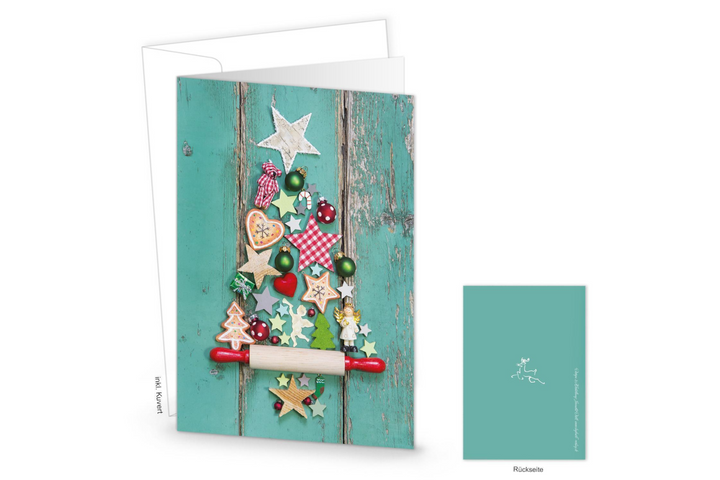 Weihnachtskarten DIN A6 hoch Klappkarten türkis grün mit buntem Weihnachtsbaum & Briefumschläge 50 Stück