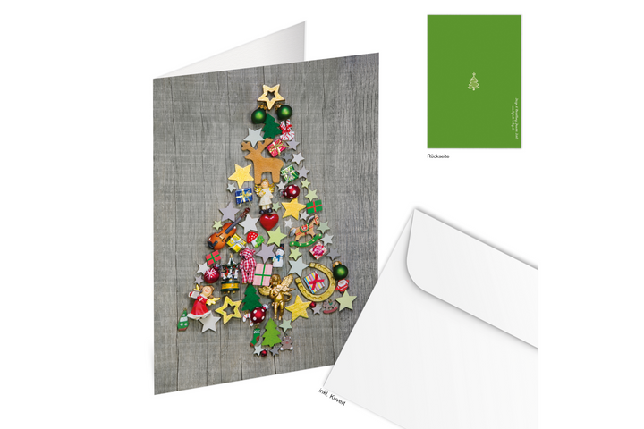 Weihnachtskarten DIN A6 hoch Klappkarten grau mit buntem Weihnachtsbaum rot grün & Umschläge 50 Stück