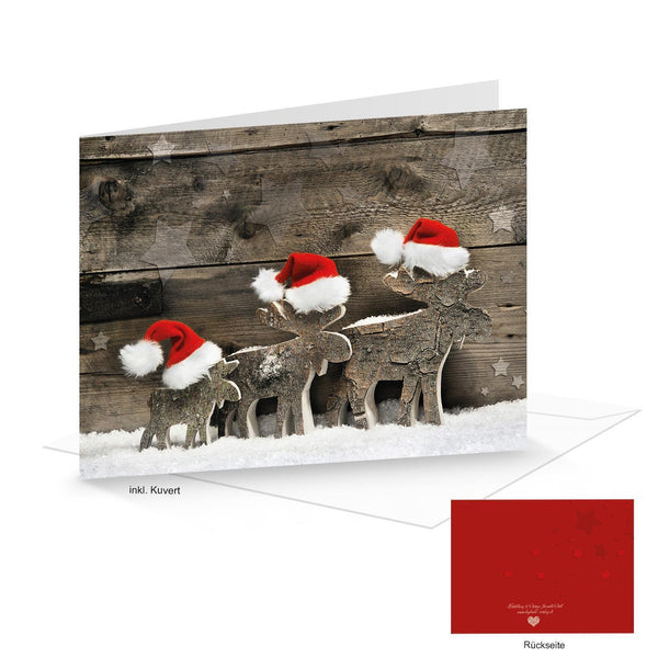 Kuverts + Weihnachtskarten DIN A6 quer Klappkarten Holz-Optik mit Rentier-Motiv rot weiß 100 Stück