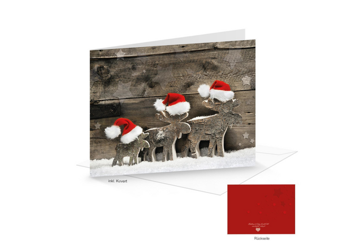 Kuverts + Weihnachtskarten DIN A6 quer Klappkarten Holz-Optik mit Rentier-Motiv rot weiß 100 Stück