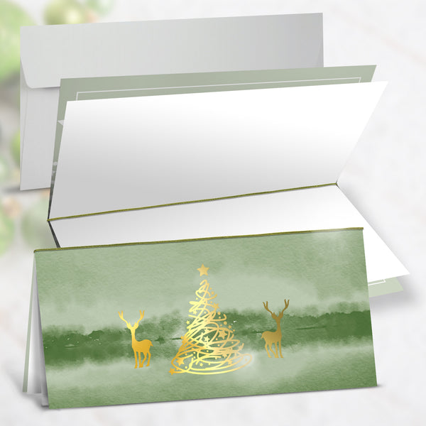 Weihnachtskarten DIN lang grün mit Hirsch & Baum in gold + Briefumschläge 50 Stück