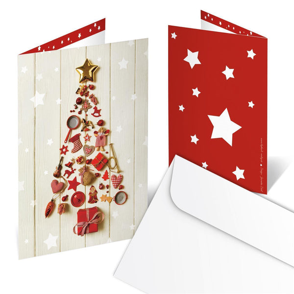 Briefumschläge + Weihnachtskarten DIN A6 hoch Klappkarten beige mit Weihnachtsbaum rot 50 Stück