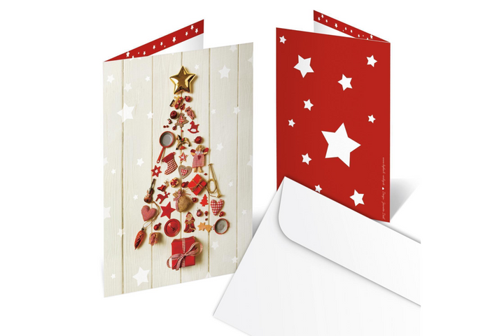 Briefumschläge + Weihnachtskarten DIN A6 hoch Klappkarten beige mit Weihnachtsbaum rot 50 Stück