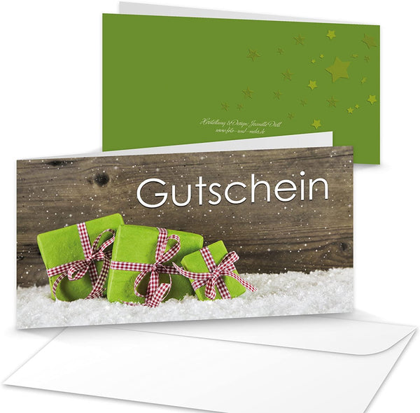 Weihnachten Gutschein Kundengutschein Geschenkgutschein 21 x 10,5 cm braun grün mit Kuvert  10 Stück