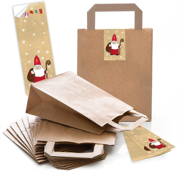 Braune Papiertüten 18 x 8 x 22 cm + Weihnachtsaufkleber mit Nikolaus rot gold 50 Stück