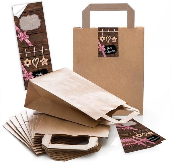 braune Weihnachtstüte Boden 18 x 8 x 22 cm kleine Papiertaschen + Weihnachts-Aufkleber FROHE WEIHNACHTEN rot kariert Geschenke Plätzchen 50 Stück