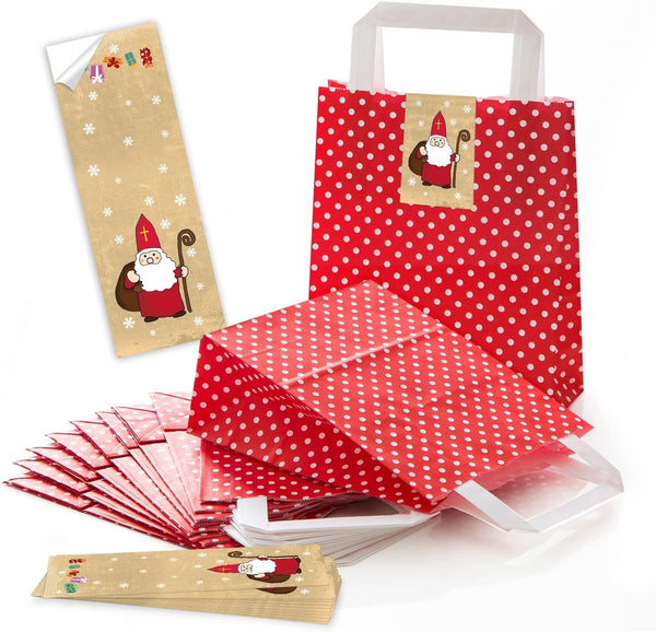 rot weiß gepunktete Weihnachtstüten mit Boden 18 x 8 x 22 cm + Aufkleber Nikolaus 100 Stück
