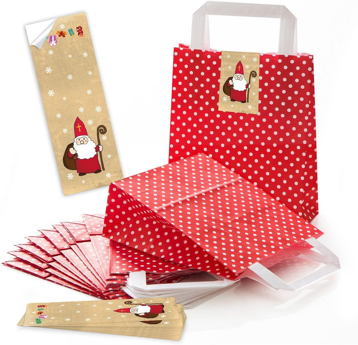 rot weiß gepunktete Weihnachtstüten mit Boden 18 x 8 x 22 cm + Aufkleber Nikolaus 100 Stück