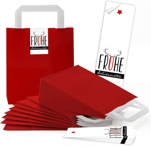 rote kleine Papiertüten Boden u. Henkel 18 x 8 x 22 cm + Banderolen 5 x 15 cm Weihnachten Hirsch-Geweih 50 Stück