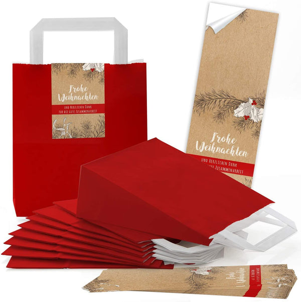 rote Kraftpapier Geschenktüte mit Henkel Boden 18 x 8 x 22 cm + weihnachtliche Aufkleber FROHE WEIHNACHTEN 50 Stück