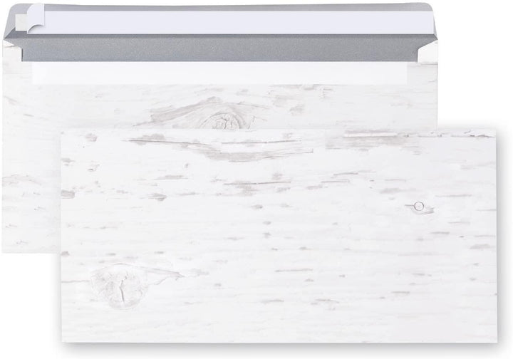 Briefumschläge in Holzoptik weiß grau - Kuvert DIN lang 22 x 11 cm  50 Stück