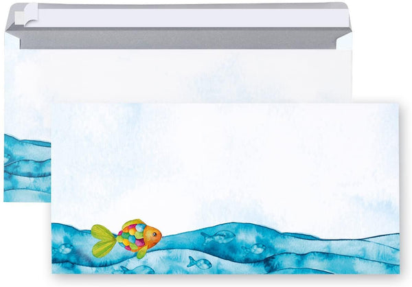 Briefumschläge blau türkis bunt mit Regenbogenfisch 22 x 11 cm - Briefkuverts für Briefe & Einladungen 50 Stück