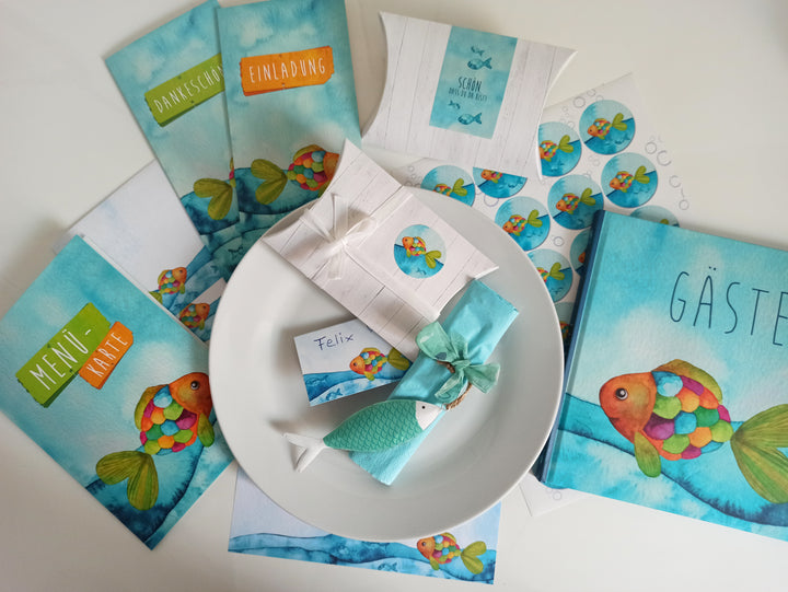 Briefumschläge blau türkis bunt mit Regenbogenfisch 22 x 11 cm - Briefkuverts für Briefe & Einladungen 50 Stück