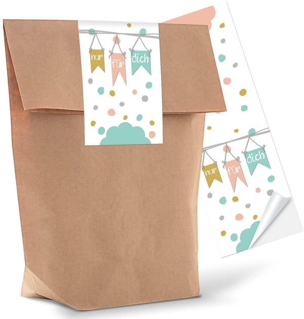 Braune Kraftpapiertüten mit Boden + weiß pastellfarbene Nur für dich Aufkleber 25 Stück