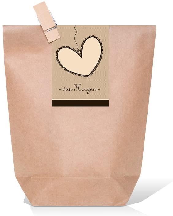 Kleine braune Papiertüten mit Boden + Dekoklammern + beige braune Von Herzen Aufkleber 25 Stück