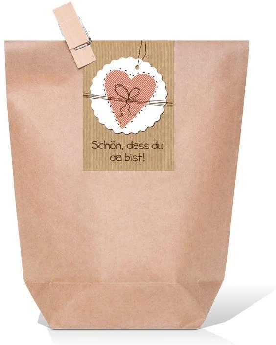 Braune Geschenktüten mit Boden + Holz Klammern + Braune Schön dass du da bist Aufkleber 25 Stück