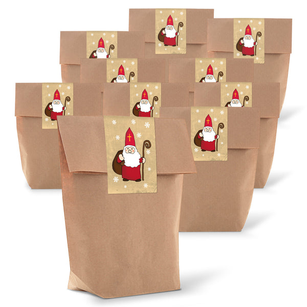 Braune Tüten mit Boden 14 x 22 x 5,6 cm + Weihnachtsbanderolen "Nikolaus" 25 Stück